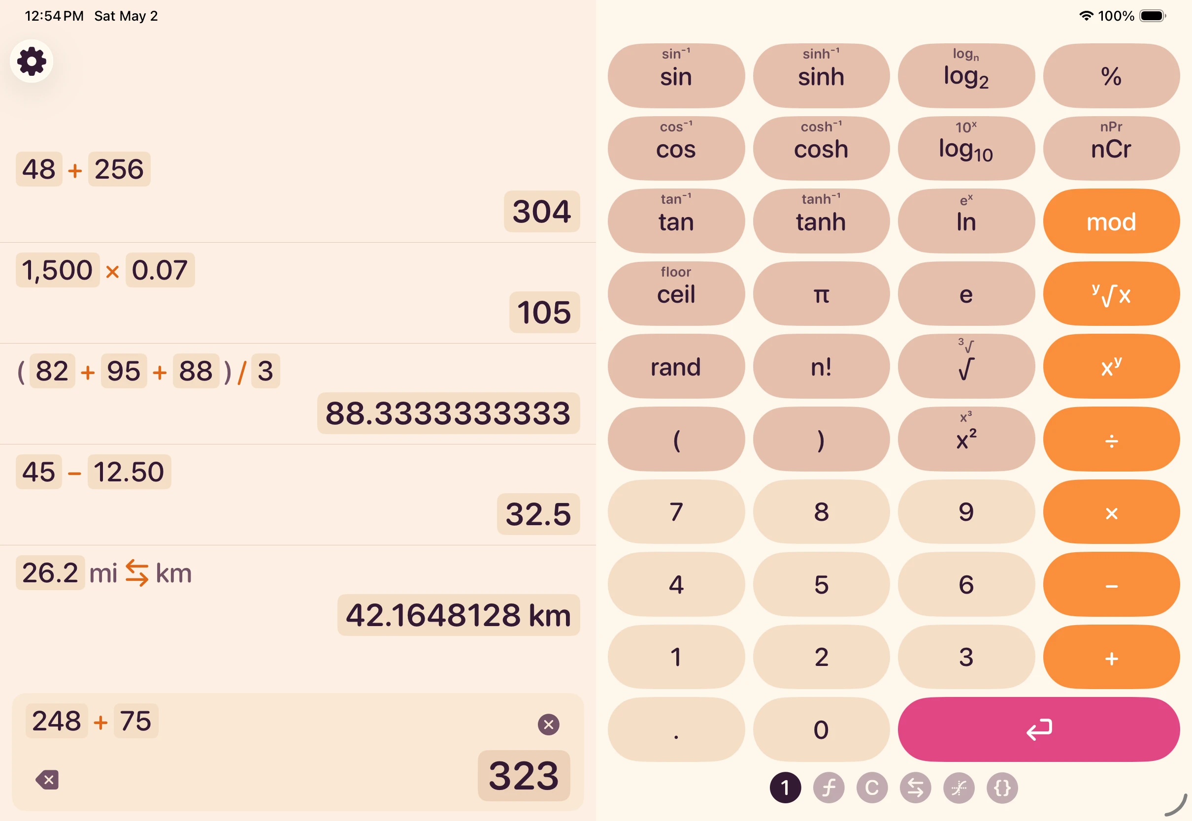 Calc Engine on iPad with the full scientific keyboard alongside live calculation history