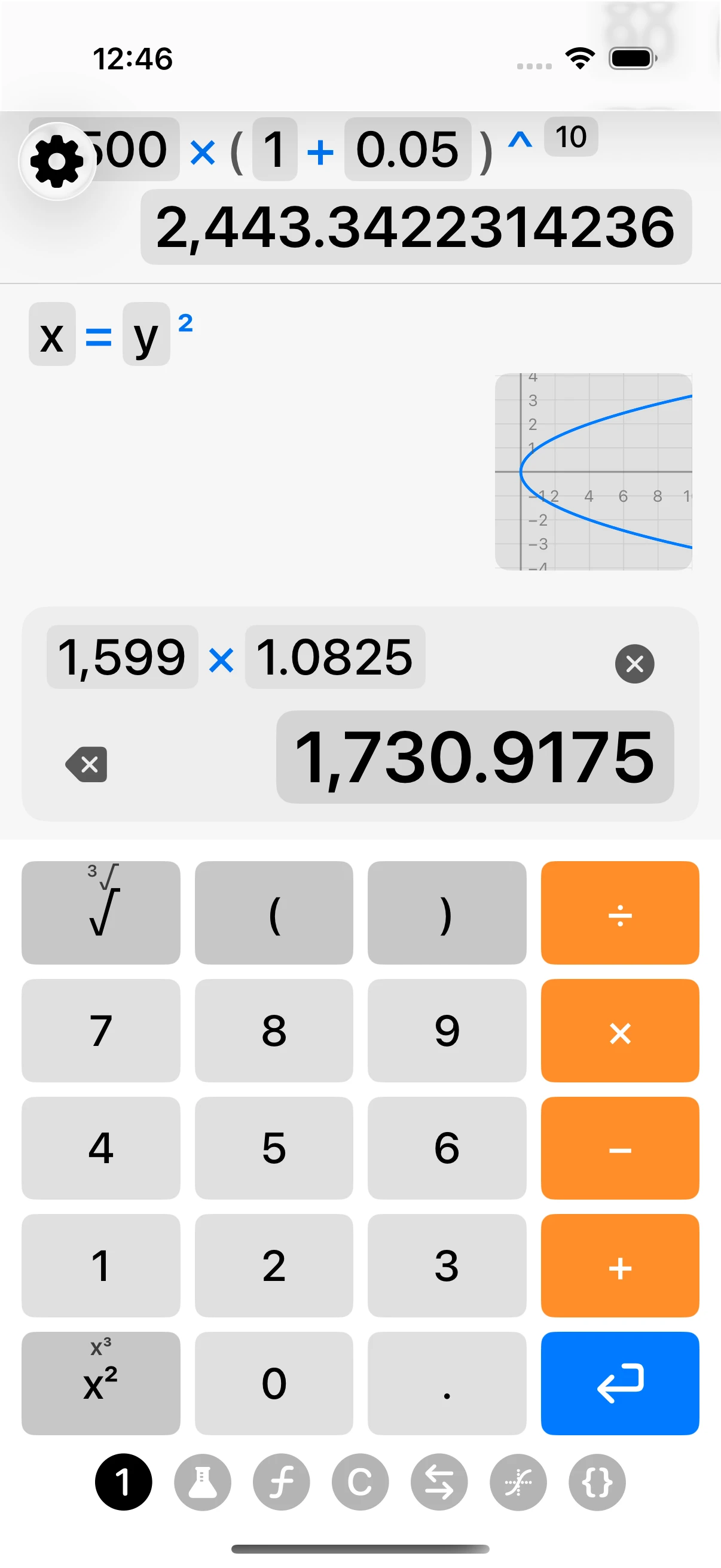 Calc Engine showing live calculation history