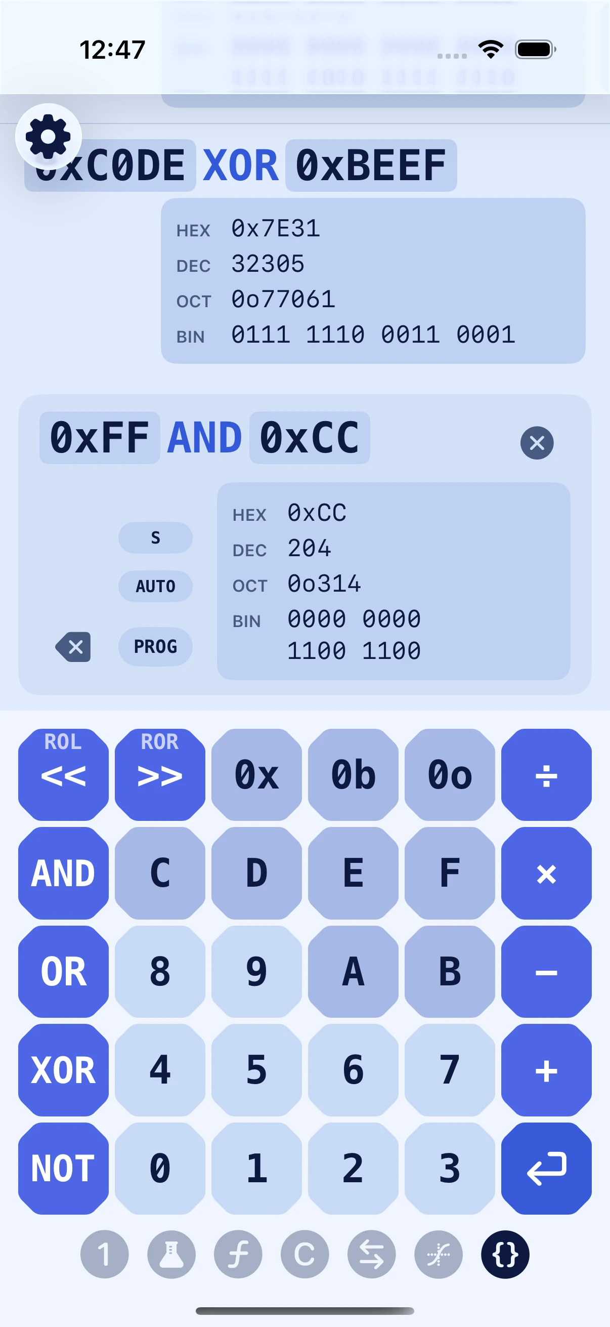 Programmer mode with hex, decimal, octal, and binary results plus bitwise keyboard